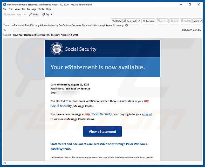 Social Security Administration eStatement Is Available Email Virus (2026-08-13)