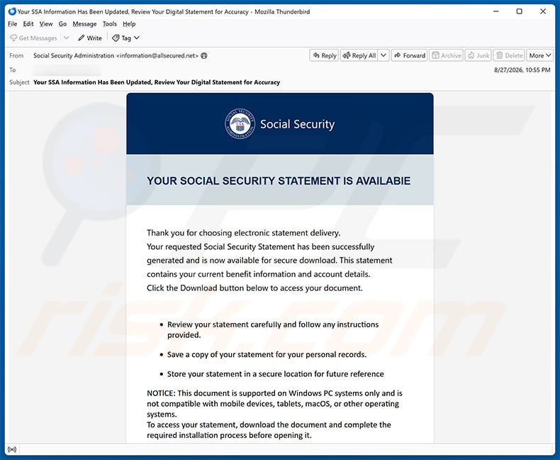 Social Security Administration (SSA) eStatement email scam (2026-08-28)
