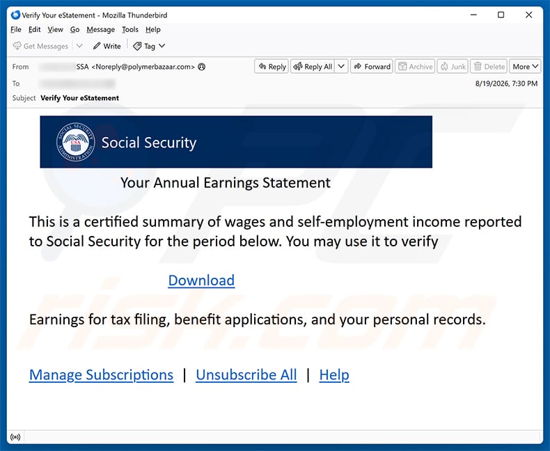 Social Security - Annual Earnings Statement email spam campaign
