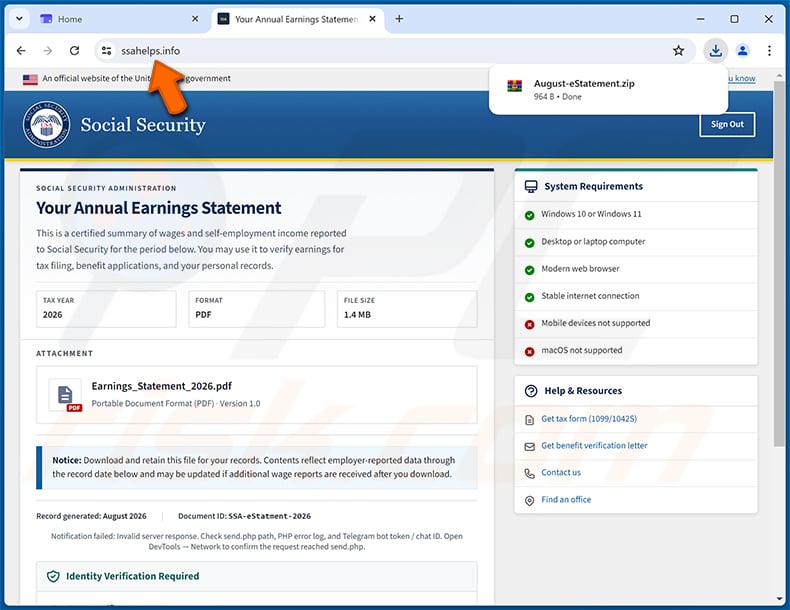 Malicious website promoted through Social Security - Annual Earnings Statement spam campaign