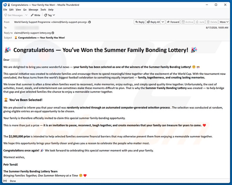 Summer Family Bonding Lottery Email Scam spam campaign