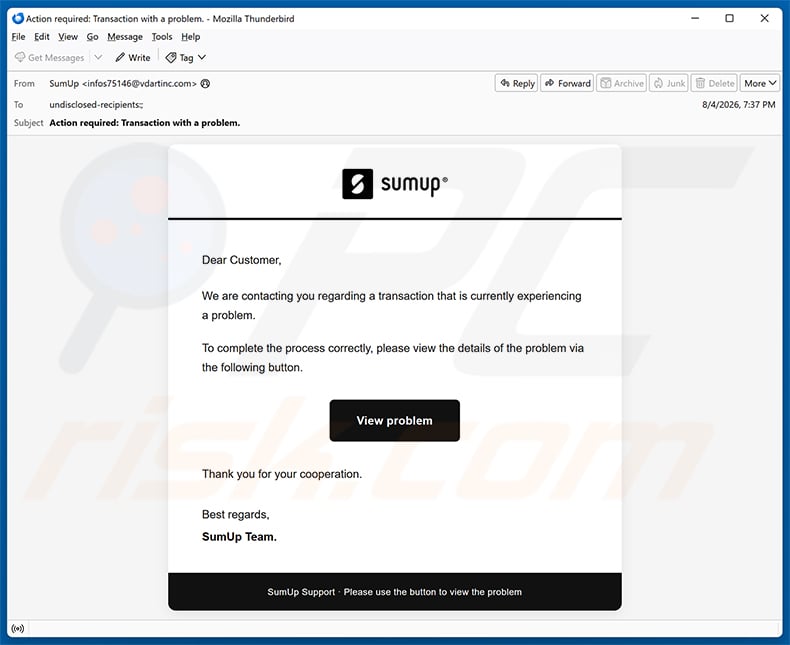 SumUp Transaction Problem Email Scam email spam campaign