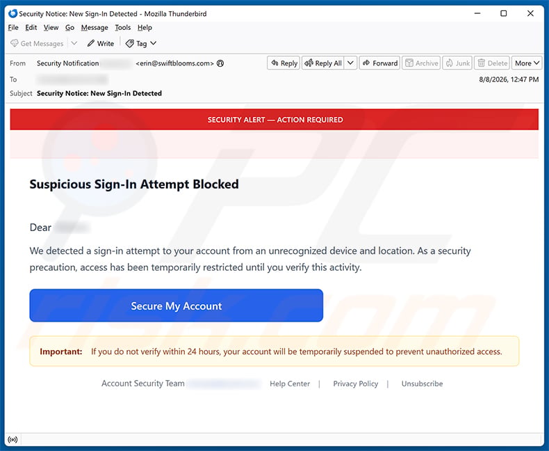 Suspicious Sign-In Attempt Blocked Email Scam email spam campaign