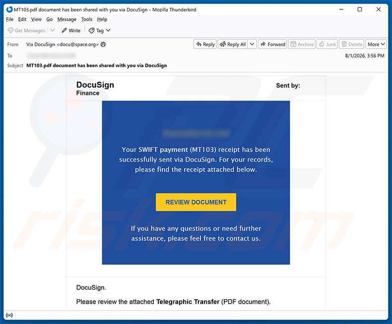 SWIFT Payment (MT103) Receipt Sent Via DocuSign Email Scam email spam campaign