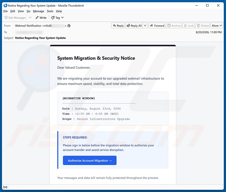 System Migration & Security Notice email spam campaign