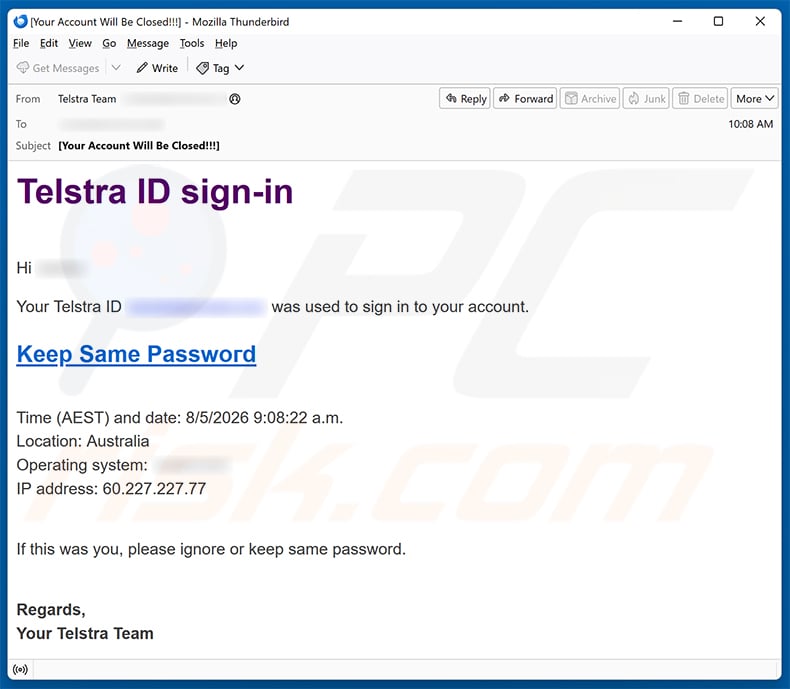 Telstra ID Sign-In Email Scam email spam campaign