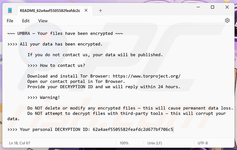 UMBRA ransomware ransom note (README_[victim_ID].txt)