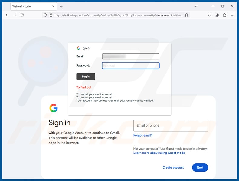 Unauthorized Login Attempt Email Scam phishing page
