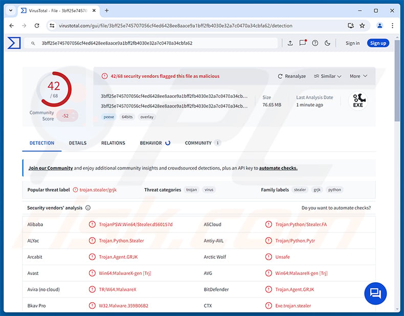 Vanta Stealer malware detections on VirusTotal