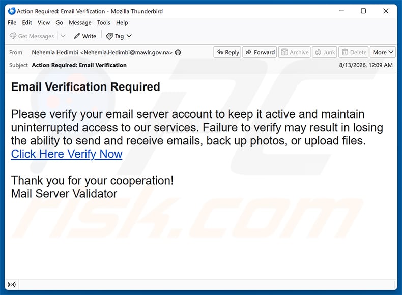 Verify Your Email Server Account Scam email spam campaign