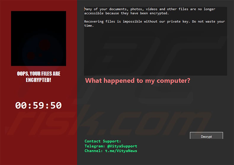 Vitya Ransomware ransom note (pop-up window)