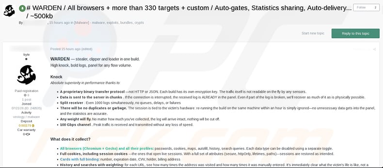 WARDEN Stealer promoted on hacker forums