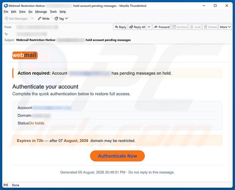 Webmail Account Verification scam email - sample 2