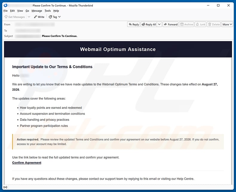 Webmail Optimum Terms and Conditions Update Email Scam email spam campaign