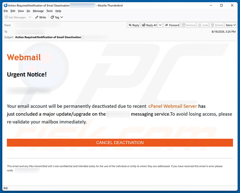 Webmail Validation Notice email scam (2026-08-25)