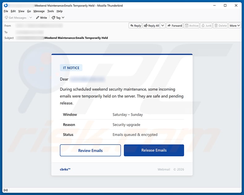 Weekend Security Maintenance Email Scam email spam campaign