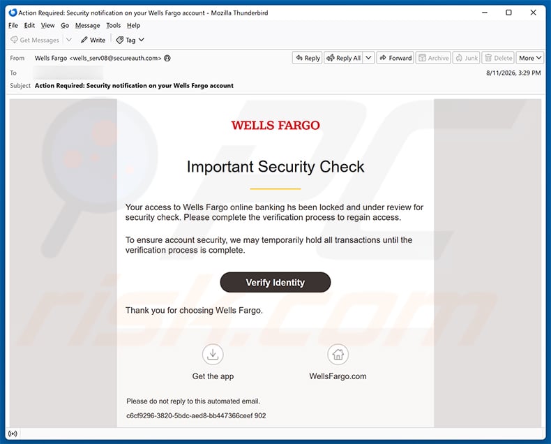 Wells Fargo - Important Security Check email scam (2026-08-12)