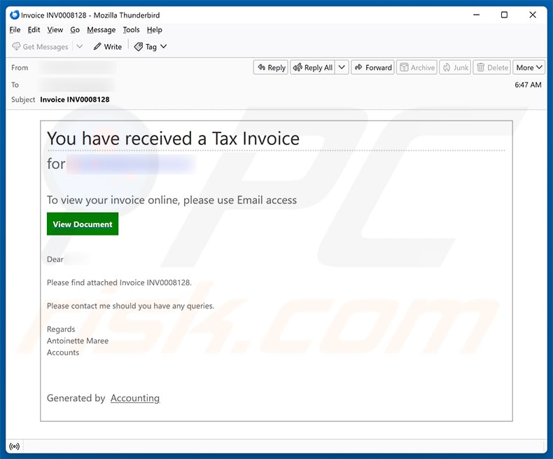 You Have Received A Tax Invoice Email Scam email spam campaign