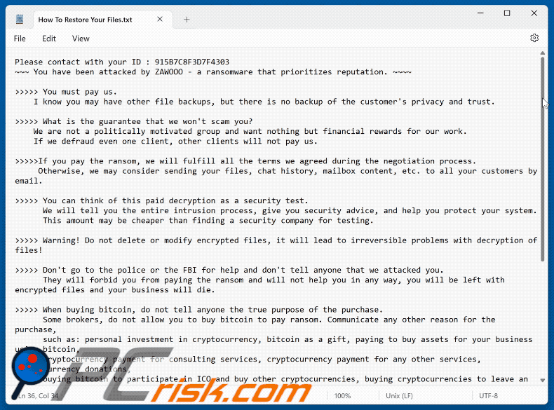 ZAWOOO ransomware ransom note (How To Restore Your Files.txt)