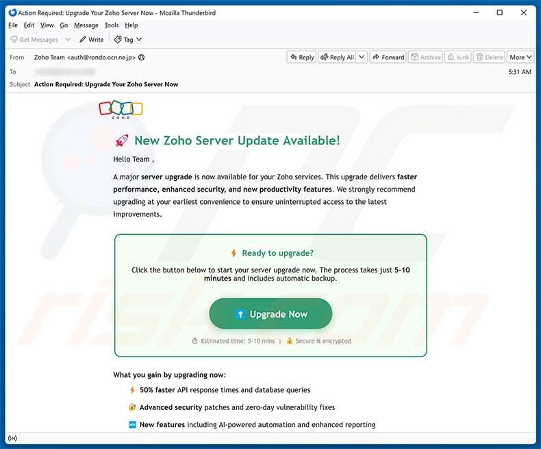 Zoho Server Update Email Scam email spam campaign