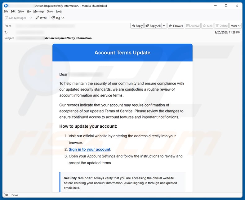 Account Terms Update email spam campaign