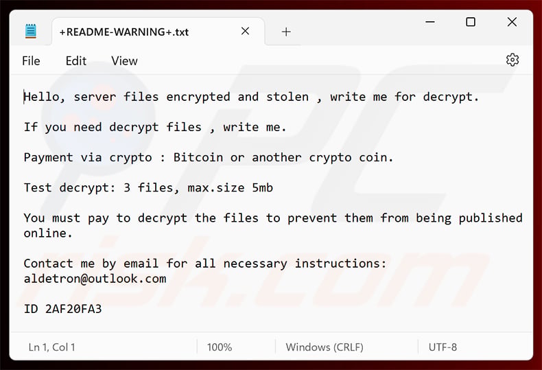 Aldet ransomware ransom note (+README-WARNING+.txt)