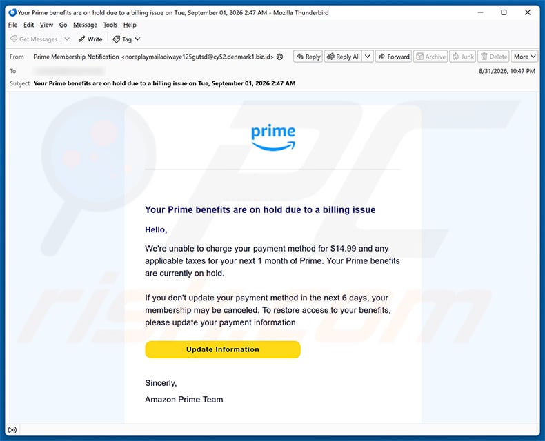 Amazon Prime Payment Method Update Email Scam email spam campaign
