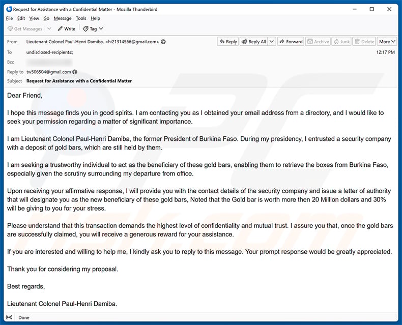 Beneficiary Of Gold Bars email spam campaign