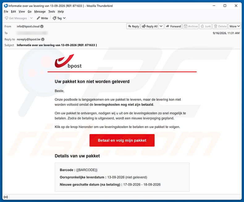bpost Delivery Fees Not Paid email spam campaign