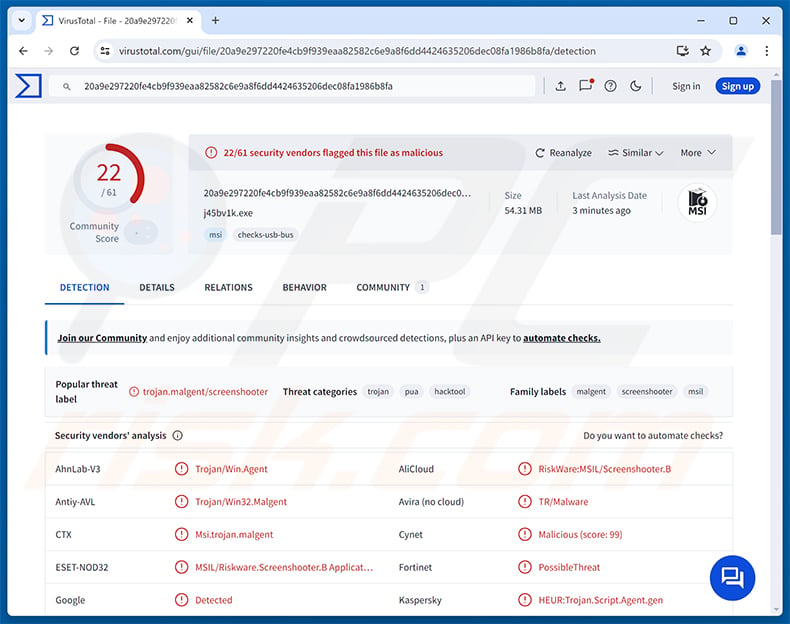 ChainScript RAT malware detections on VirusTotal