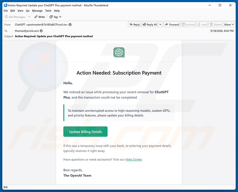 ChatGPT Payment Method Update email scam (2026-09-21)