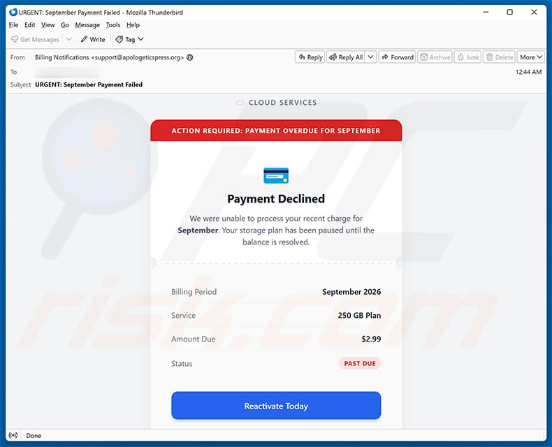 Cloud Services - Payment Declined Email Scam (2026-09-22)