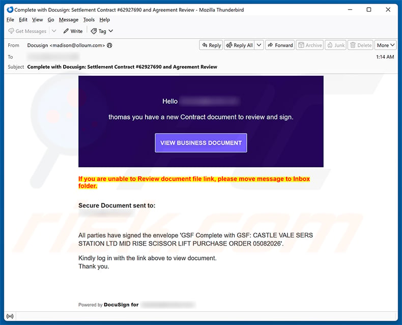 Contract Document To Review And Sign email spam campaign
