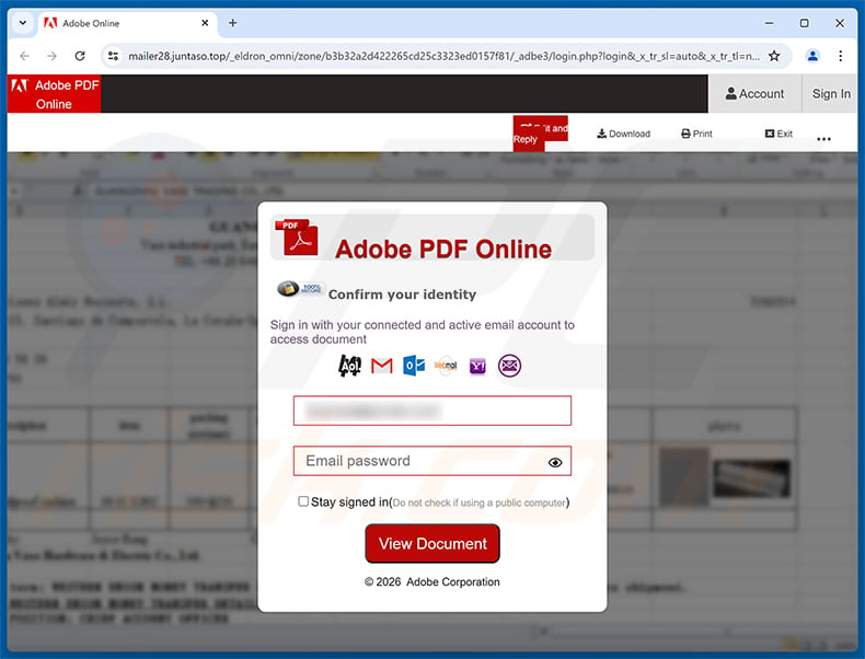 Contract Document To Review And Sign phishing page