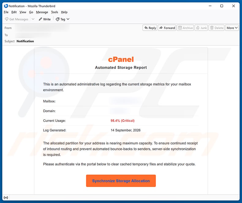 cPanel - Automated Storage Report email spam campaign