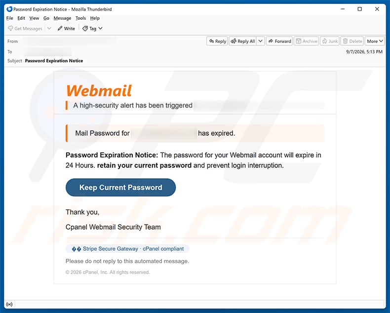 cPanel password expiration reminder email scam (2026-09-07 - sample 2)