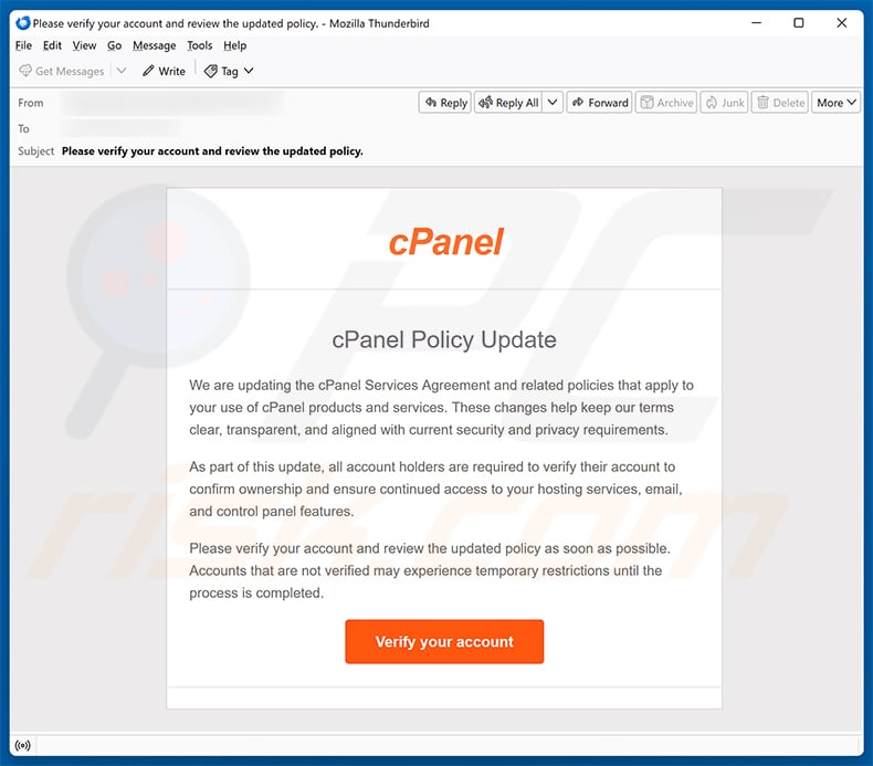 cPanel Policy Update Email Scam email spam campaign
