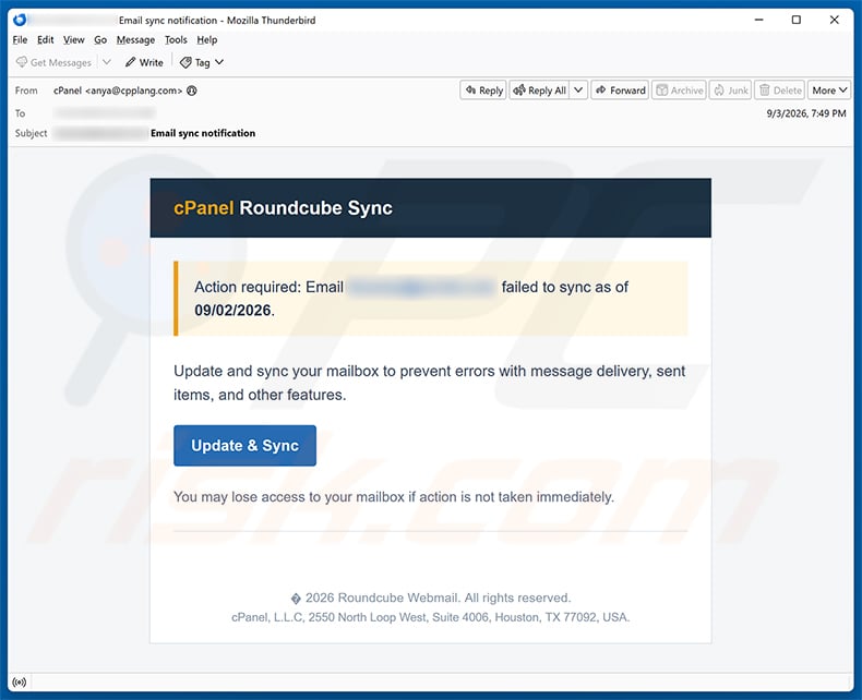 cPanel Roundcube Mailbox Update And Sync Email Scam email spam campaign