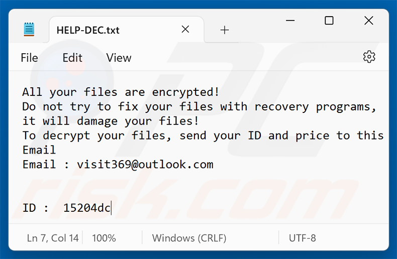 Darkness ransomware note (
