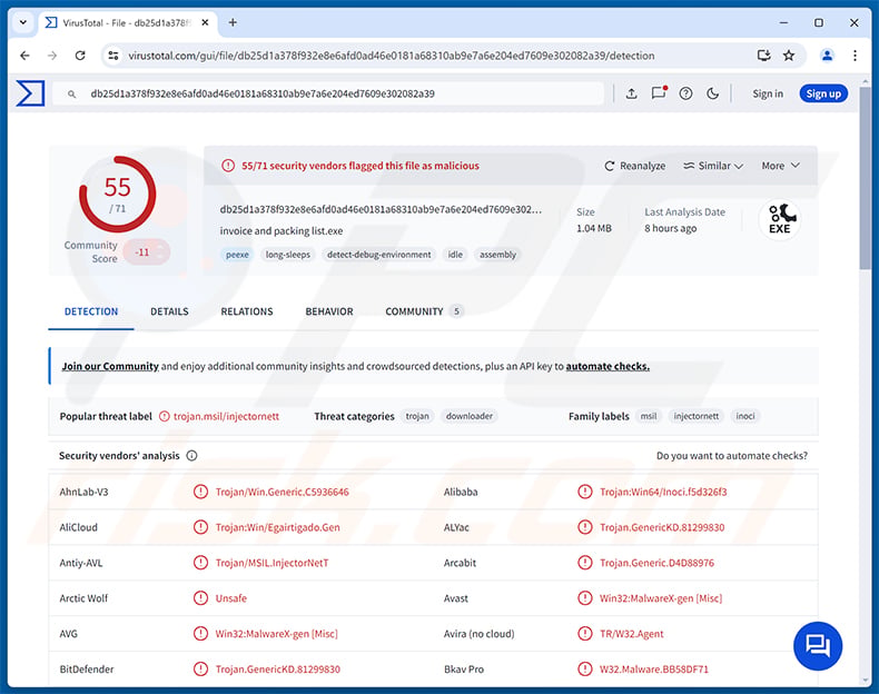 DarkTortilla RAT malware detections on VirusTotal