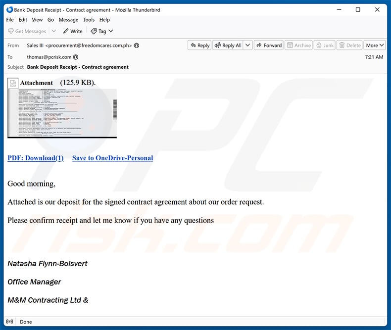 Deposit For Contract Agreement email spam campaign