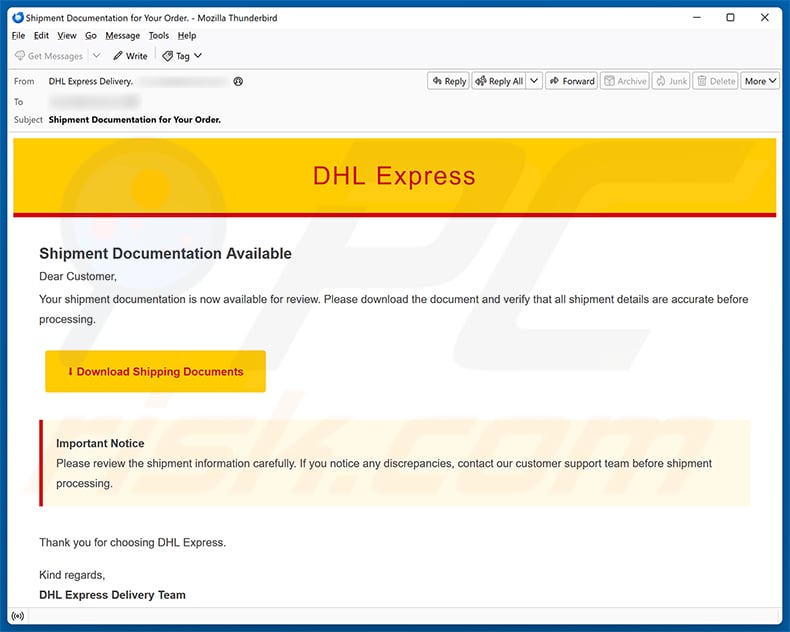 DHL Express Shipment Documentation Available Email Scam email spam campaign