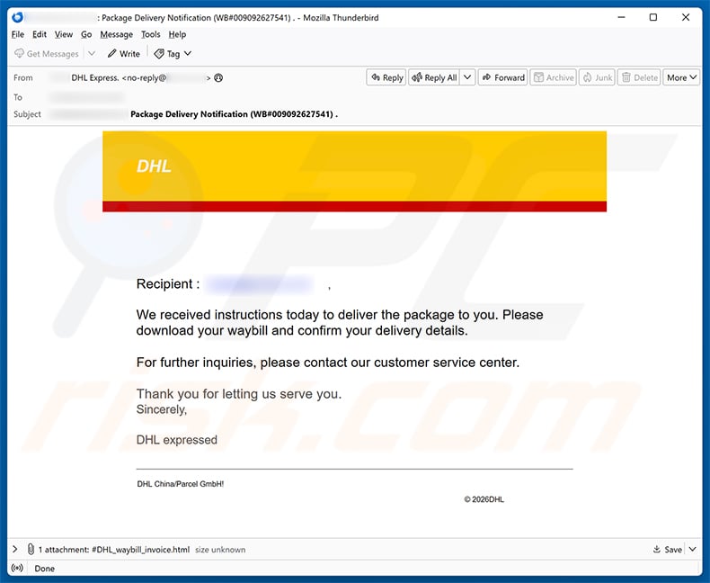 DHL Waybill Confirmation Email Scam email spam campaign
