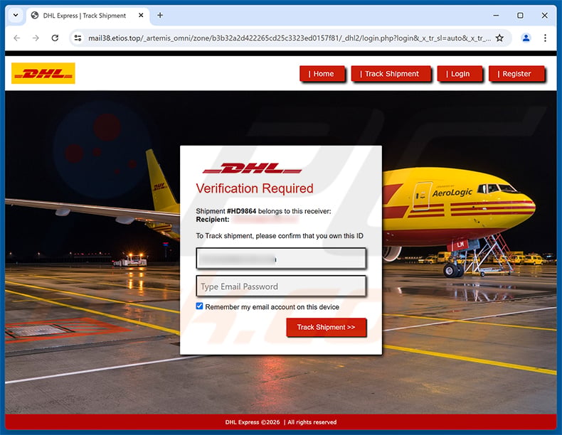 DHL - Your Shipment Has Arrived phishing page