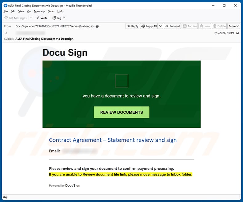 DocuSign Document For Review And Signature Email Scam (2026-09-09)