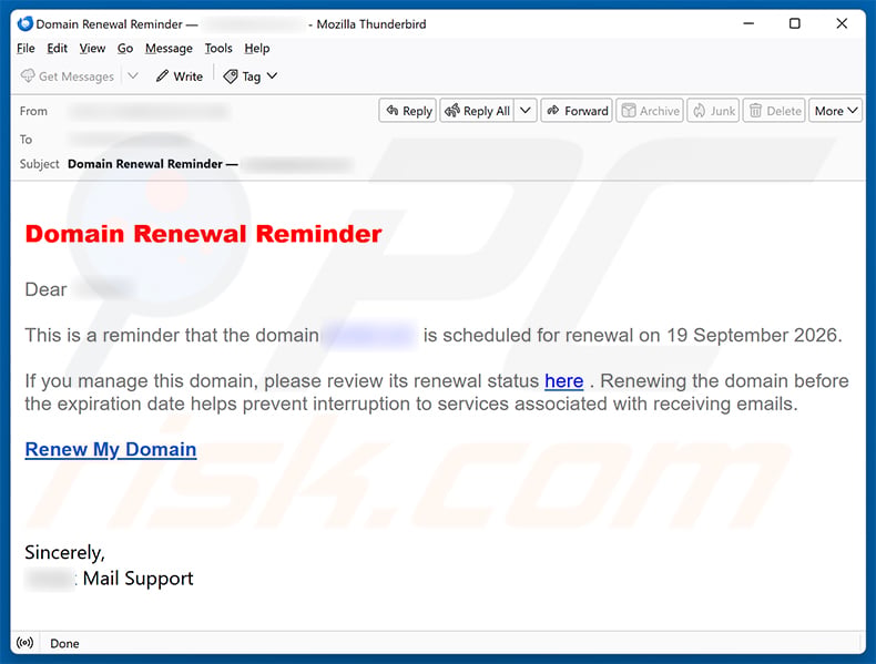 Domain Renewal Reminder email scam (2026-09-21)