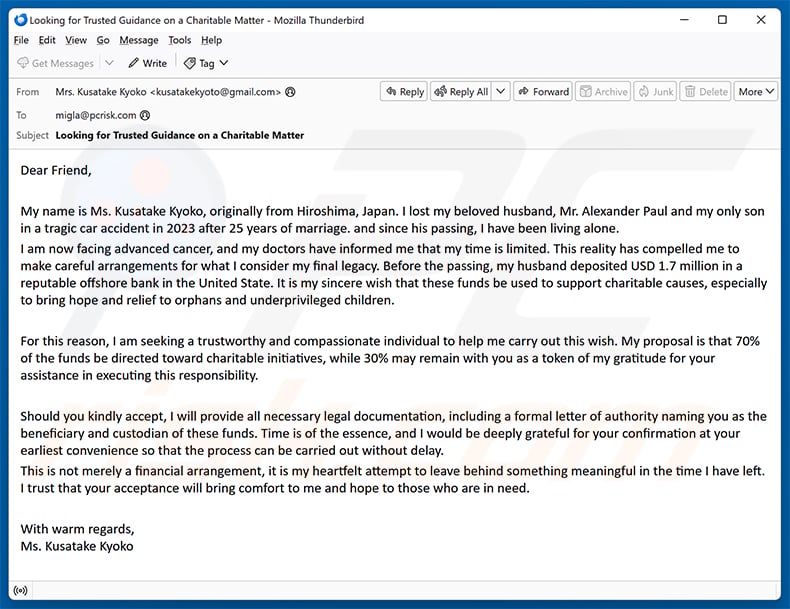 Donation To Charity Through You Email Scam (2026-09-08)