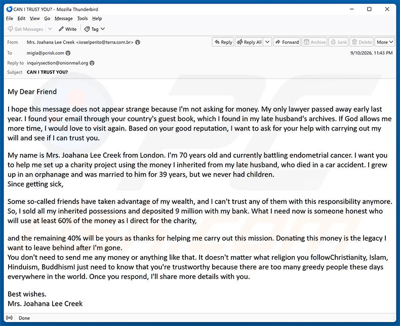 Donation To Charity Through You Email Scam (2026-09-11)