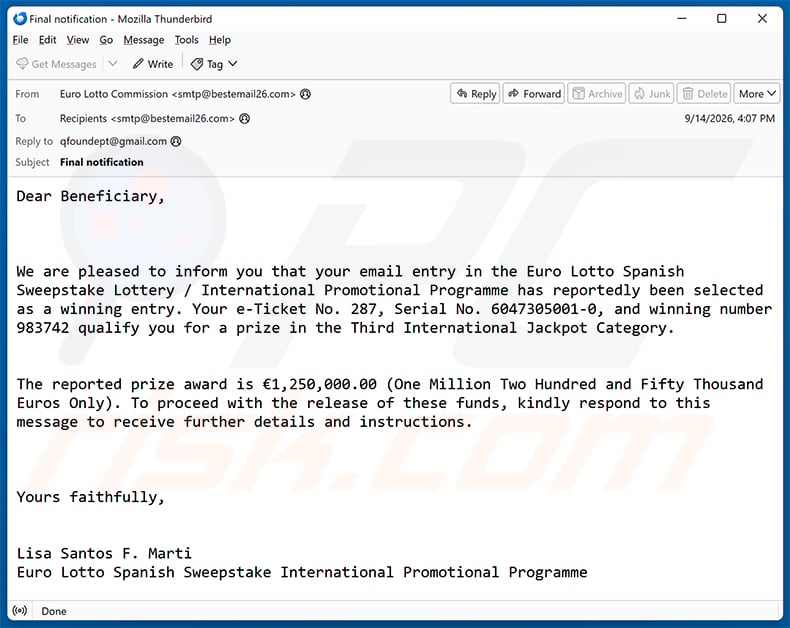 Euro Lotto Spanish Sweepstake Lottery email scam (2026-09-16)