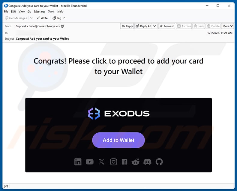 Exodus - Add Your Card To Your Wallet Email Scam email spam campaign